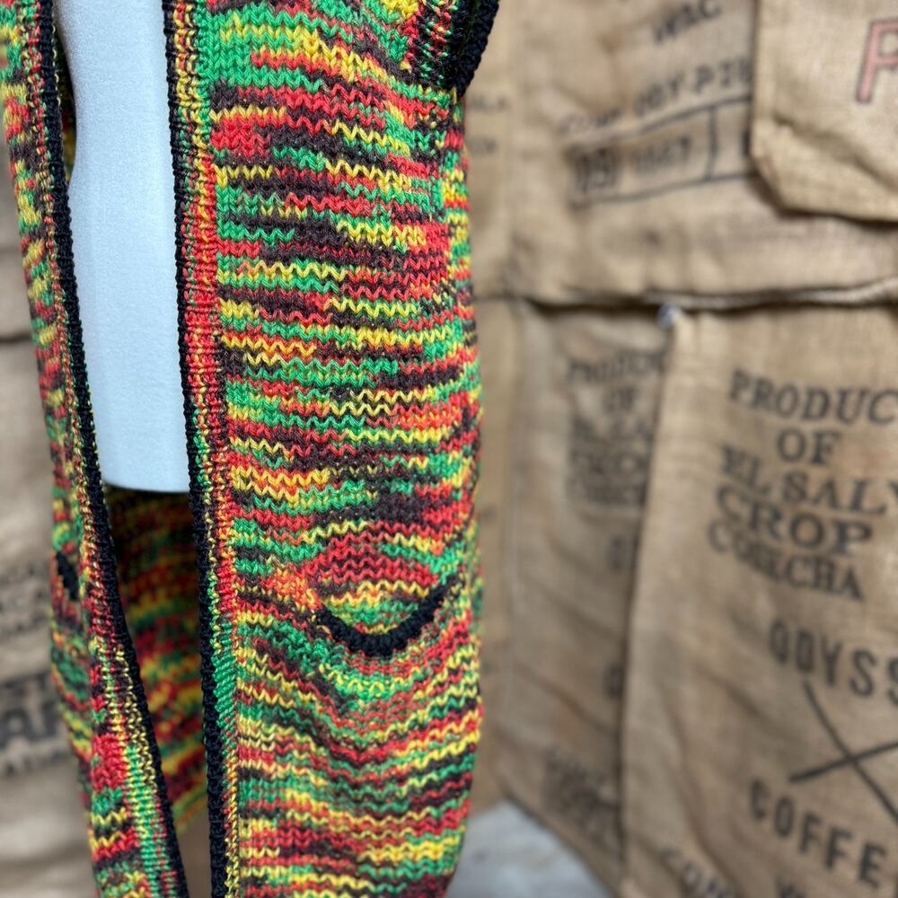 Handmade Crochet Long Cardigan Vest Rasta Boho Festival Open Front Pockets - Picture 5 of 7